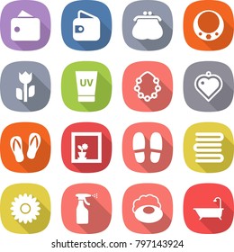 flat vector icon set - wallet vector, purse, necklace, perishable, uv cream, hawaiian wreath, heart pendant, flip flops, flower in window, slippers, towels, sprayer, soap, bath