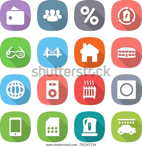 flat vector icon set - wallet vector, group,\
percent, battery charge, smart glasses, bridge, home, airport\
building, globe, speaker, radiator, ring button, phone, sim card,\
kettle, car wash