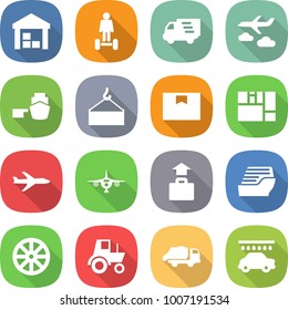 flat vector icon set - warehouse vector, hoverboard, delivery, journey, port, loading crane, package box, consolidated cargo, plane, baggage, cruise ship, wheel, tractor, trash truck, car wash