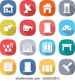 flat vector icon set - warehouse vector, satellite antenna, home, building, houses, house with garage, door, dome, architector, office, power switch, table, chest of drawers, clean window, scraper
