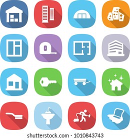 flat vector icon set - warehouse vector, skyscrapers, hangare, modern architecture, window, measuring tape, plan, office, home, key, trailer, house cleaning, brush, water tap sink, vacuum cleaner
