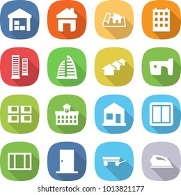 Flat Vector Icon Set - Warehouse Vector, Home, Project, Building, Skyscrapers, Skyscraper, Houses, Slum, Panel House, University, Power Switch, Window, Door, Trailer, Iron