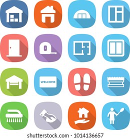 Flat Vector Icon Set - Warehouse Vector, Home, Hangare, Window, Door, Measuring Tape, Plan, Power Switch, Garage, Welcome Mat, Slippers, Sponge, Brush, Wiping, Housing, Woman With Duster