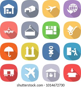 flat vector icon set - warehouse vector, plane, delivery, loading crane, consolidated cargo, trolley, dry, top sign, do not hook, courier, railroad shipping, airplane, package