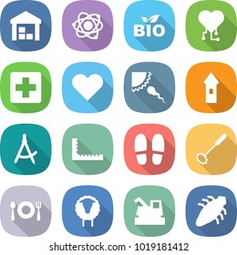 flat vector icon set - warehouse vector, atom, bio, cardio chip, medical cross, heart, sperm, tower, draw compass, ruler, slippers, whisk, fork spoon plate, sheep, harvester, bug