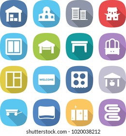 Flat Vector Icon Set - Warehouse Vector, Mansion, District, Japanese House, Power Switch, Garage, Table, Dresser, Window, Welcome Mat, Hob, Trailer, Sponge, Clean, Towel