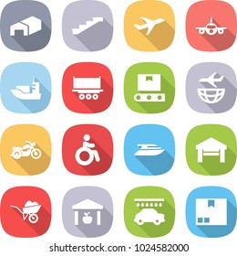 flat vector icon set - warehouse vector, stairs, plane, sea shipping, truck, transporter tape, motorcycle, invalid, yacht, garage, wheelbarrow, car wash, package