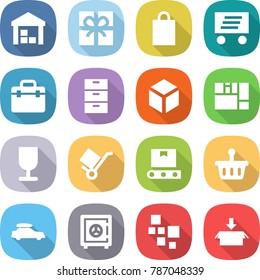 flat vector icon set - warehouse vector, gift, shopping bag, delivery, doctor, archive, 3d, consolidated cargo, fragile, trolley, transporter tape, basket, car baggage, safe, blocks, package