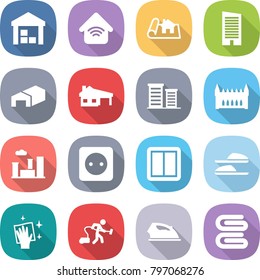 flat vector icon set - warehouse vector, wireless home, project, skyscraper, house with garage, district, gothic architecture, city, power socket, switch, slippers, wiping, vacuum cleaner, iron