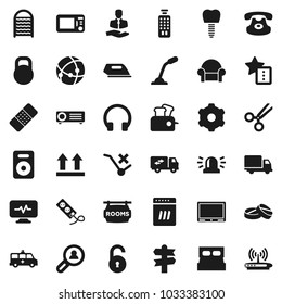 Flat vector icon set - washboard vector, signpost, client, delivery, top sign, no trolley, weight, remote control, headphones, classic phone, speaker, scissors, patch, pills, amkbulance car, gear