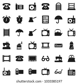 Flat vector icon set - washboard vector, kettle, hand mill, turk coffee, glasses, alarm clock, abacus, phone, umbrella, film frame, radio, tv, classic, closed, video camera, sewing machine