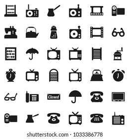 Flat vector icon set - washboard vector, kettle, hand mill, turk coffee, glasses, alarm clock, abacus, phone, umbrella, film frame, radio, tv, classic, closed, video camera, sewing machine
