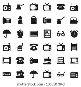 Flat vector icon set - washboard vector, kettle, hand mill, turk coffee, glasses, alarm clock, abacus, phone, umbrella, film frame, radio, tv, classic, closed, video camera, sewing machine