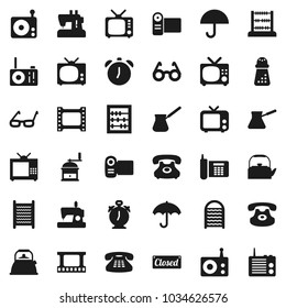 Flat vector icon set - washboard vector, kettle, hand mill, turk coffee, glasses, alarm clock, abacus, phone, umbrella, film frame, radio, tv, classic, closed, video camera, sewing machine