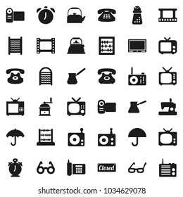 Flat vector icon set - washboard vector, kettle, hand mill, turk coffee, glasses, alarm clock, abacus, phone, umbrella, film frame, radio, tv, classic, closed, video camera, sewing machine