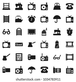 Flat vector icon set - washboard vector, kettle, hand mill, turk coffee, glasses, alarm clock, abacus, phone, umbrella, film frame, radio, tv, classic, closed, video camera, sewing machine