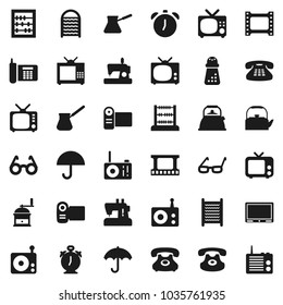 Flat vector icon set - washboard vector, kettle, hand mill, turk coffee, glasses, alarm clock, abacus, phone, umbrella, film frame, radio, tv, classic, video camera, sewing machine