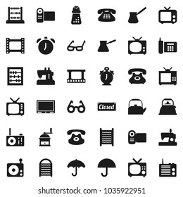 Flat vector icon set - washboard vector, kettle, hand mill, turk coffee, glasses, alarm clock, abacus, phone, umbrella, film frame, radio, tv, classic, closed, video camera, sewing machine