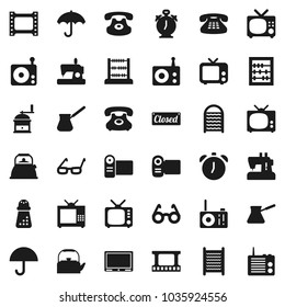 Flat vector icon set - washboard vector, kettle, hand mill, turk coffee, glasses, alarm clock, abacus, phone, umbrella, film frame, radio, tv, classic, closed, video camera, sewing machine