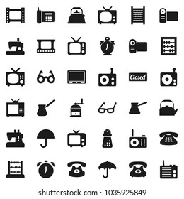 Flat vector icon set - washboard vector, kettle, hand mill, turk coffee, glasses, alarm clock, abacus, phone, umbrella, film frame, radio, tv, classic, closed, video camera, sewing machine