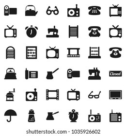 Flat vector icon set - washboard vector, kettle, hand mill, turk coffee, glasses, alarm clock, abacus, phone, umbrella, film frame, radio, tv, classic, closed, video camera, sewing machine