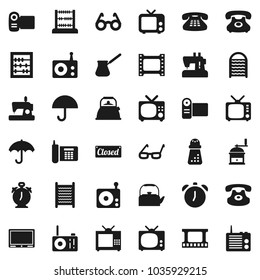 Flat vector icon set - washboard vector, kettle, hand mill, turk coffee, glasses, alarm clock, abacus, phone, umbrella, film frame, radio, tv, classic, closed, video camera, sewing machine