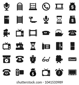 Flat vector icon set - washboard vector, kettle, glasses, alarm clock, abacus, money bag, sand, phone, big scales, film frame, tv, video camera, microphone, classic, fridge, closed, kitchen