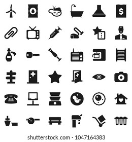 Flat vector icon set - washboard vector, signpost, receipt, port, cargo, oil barrel, camera, tv, classic phone, favorites, eye, pregnancy, syringe, doctor hat, potion, ovule, medical room, bench