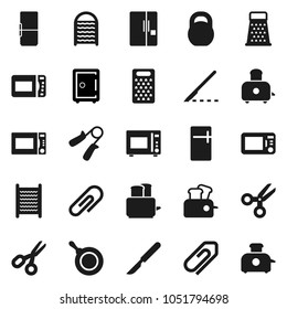 Flat vector icon set - washboard vector, pan, grater, toaster, microwave oven, scissors, safe, weight, hand trainer, scalpel, attachment, fridge