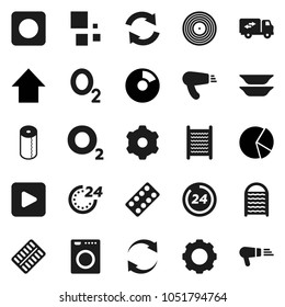 Flat vector icon set - washboard vector, toilet paper, plates, pie graph, arrow up, oxygen, disk, play button, rec, pills blister, gear, refresh, loading, relocation truck, 24 hour, washer