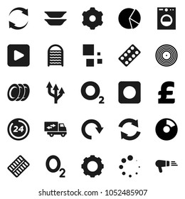 Flat vector icon set - washboard vector, plates, pie graph, pound, oxygen, disk, play button, rec, pills blister, gear, refresh, redo, loading, route arrow, relocation truck, 24 hour, washer