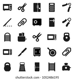 Flat vector icon set - washboard vector, pan, grater, toaster, microwave oven, scissors, safe, weight, hand trainer, scalpel, attachment, fridge