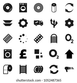 Flat vector icon set - washboard vector, toilet paper, plates, arrow up, pound, oxygen, disk, pills blister, gear, refresh, loading, route, relocation truck, washer, hair dryer