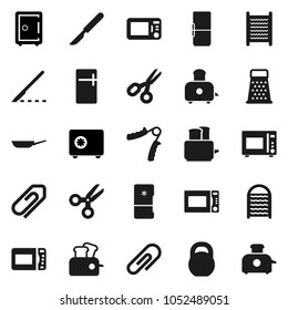 Flat vector icon set - washboard vector, pan, grater, toaster, microwave oven, scissors, safe, weight, hand trainer, scalpel, attachment, fridge