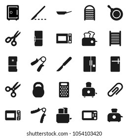 Flat vector icon set - washboard vector, pan, grater, toaster, microwave oven, scissors, safe, weight, hand trainer, scalpel, attachment, fridge