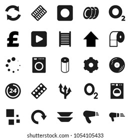 Flat vector icon set - washboard vector, toilet paper, plates, arrow up, pound, oxygen, disk, play button, rec, pills blister, gear, refresh, redo, loading, route, 24 hour, washer, hair dryer