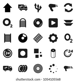 Flat vector icon set - washboard vector, toilet paper, plates, pie graph, arrow up, oxygen, disk, play button, rec, pills blister, gear, refresh, loading, route, relocation truck, 24 hour