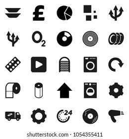 Flat vector icon set - washboard vector, toilet paper, plates, pie graph, arrow up, pound, oxygen, disk, play button, pills blister, gear, redo, loading, route, relocation truck, 24 hour, washer