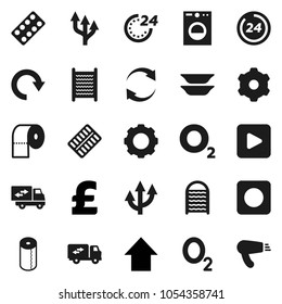 Flat vector icon set - washboard vector, toilet paper, plates, arrow up, pound, oxygen, play button, rec, pills blister, gear, refresh, redo, route, relocation truck, 24 hour, washer, hair dryer