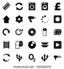Flat vector icon set - washboard vector, toilet paper, plates, pie graph, arrow up, pound, oxygen, disk, play button, rec, pills blister, gear, refresh, redo, loading, route, 24 hour, washer
