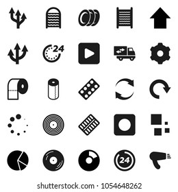 Flat vector icon set - washboard vector, toilet paper, plates, pie graph, arrow up, disk, play button, rec, pills blister, gear, refresh, redo, loading, route, relocation truck, 24 hour, hair dryer