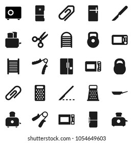 Flat vector icon set - washboard vector, pan, grater, toaster, microwave oven, scissors, safe, weight, hand trainer, scalpel, attachment, fridge