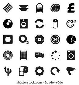 Flat vector icon set - washboard vector, toilet paper, plates, pie graph, pound, oxygen, disk, rec button, pills blister, gear, refresh, redo, loading, route arrow, relocation truck, 24 hour, washer