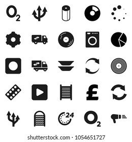 Flat vector icon set - washboard vector, toilet paper, plates, pie graph, pound, oxygen, disk, play button, rec, pills blister, gear, refresh, loading, route arrow, relocation truck, 24 hour, washer