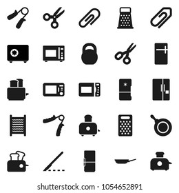 Flat vector icon set - washboard vector, pan, grater, toaster, microwave oven, scissors, safe, weight, hand trainer, scalpel, attachment, fridge