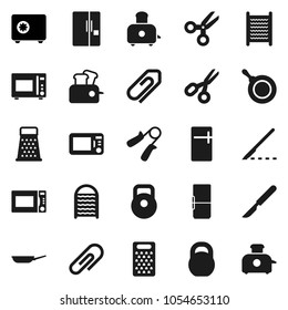 Flat vector icon set - washboard vector, pan, grater, toaster, microwave oven, scissors, safe, weight, hand trainer, scalpel, attachment, fridge