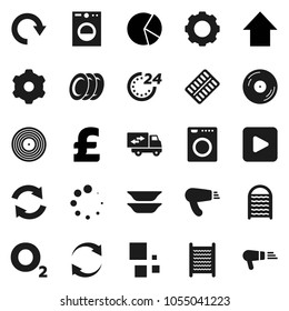 Flat vector icon set - washboard vector, plates, pie graph, arrow up, pound, oxygen, disk, play button, pills blister, gear, refresh, redo, loading, relocation truck, 24 hour, washer, hair dryer