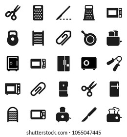 Flat vector icon set - washboard vector, pan, grater, toaster, microwave oven, scissors, safe, weight, hand trainer, scalpel, attachment, fridge