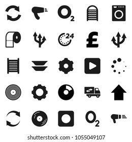 Flat vector icon set - washboard vector, toilet paper, plates, pie graph, arrow up, pound, oxygen, disk, play button, rec, gear, refresh, loading, route, relocation truck, 24 hour, washer