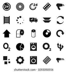 Flat vector icon set - washboard vector, toilet paper, plates, pie graph, arrow up, oxygen, disk, pills blister, gear, refresh, redo, loading, route, relocation truck, 24 hour, washer, hair dryer